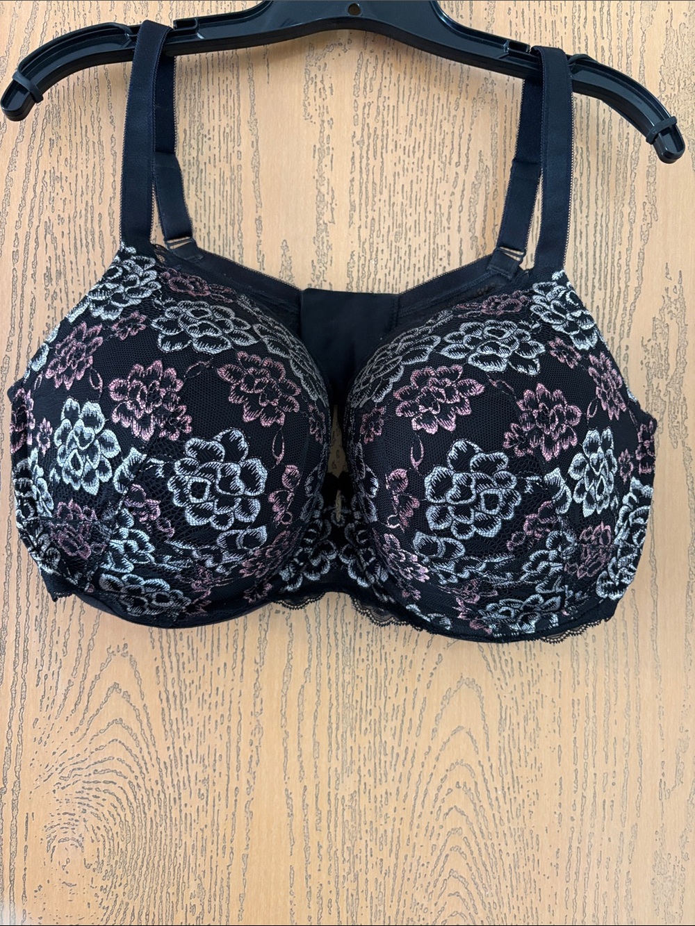 Black Lace Underwire Bra with Pink & Silver Floral Embroidery